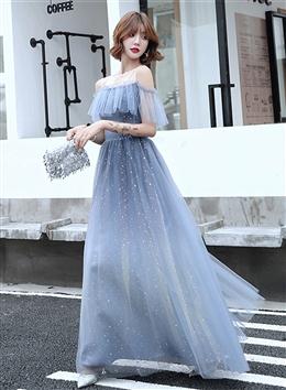 Picture of Light Blue Tulle Off Shoulder Long Formal Dresses, Blue Evening Party Dresses